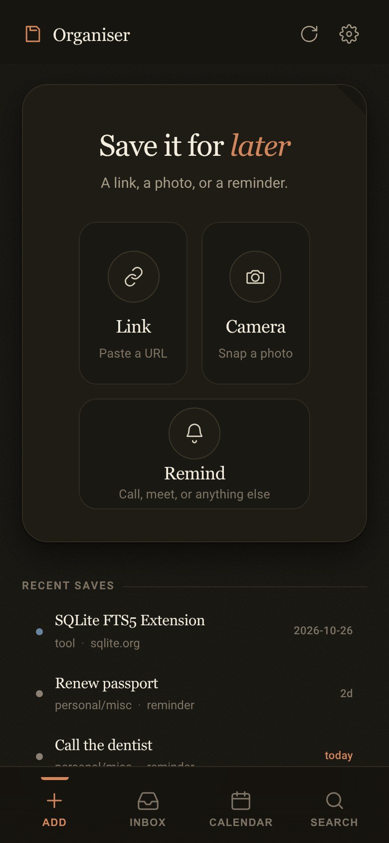The Add screen: Link, Camera and Remind buttons above a list of recent saves.