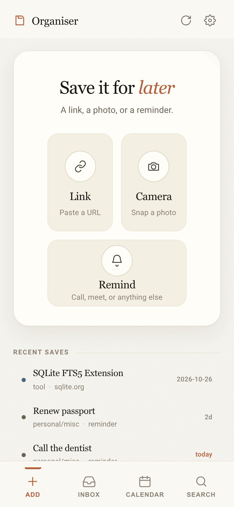 The Add screen: Link, Camera and Remind buttons above a list of recent saves.